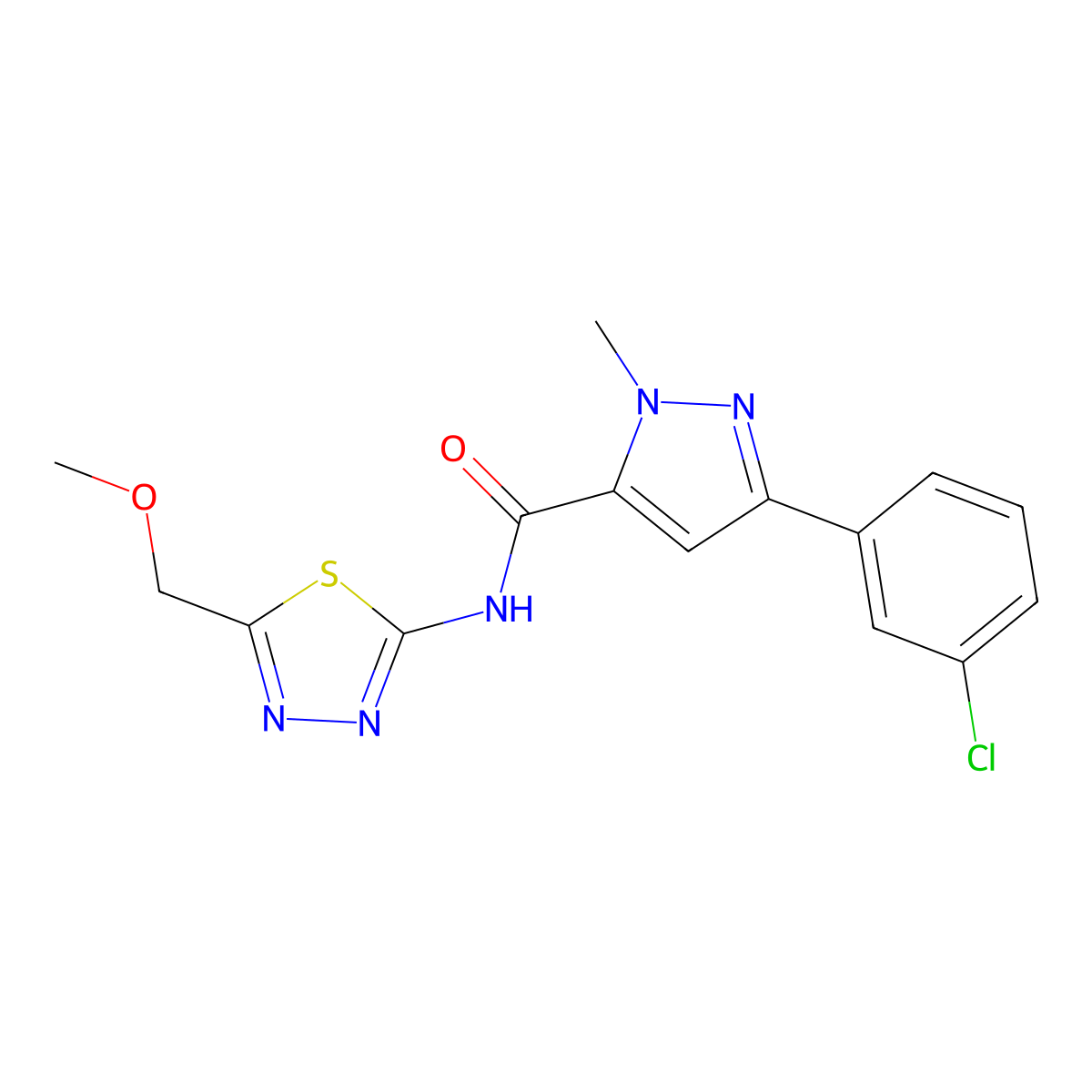 3-(3-chlorophenyl)-N-(5-(methoxymethyl)-1,3,4-thiadiazol-2-yl)-1-methyl-1H-pyrazole-5-carboxamide molecular structure, CAS 1374513-43-5