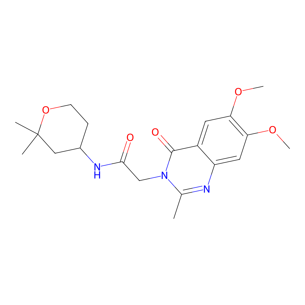 2-(6,7-dimethoxy-2-methyl-4-oxoquinazolin-3(4H)-yl)-N-(2,2-dimethyltetrahydro-2H-pyran-4-yl)acetamide molecular structure, CAS 1374513-48-0