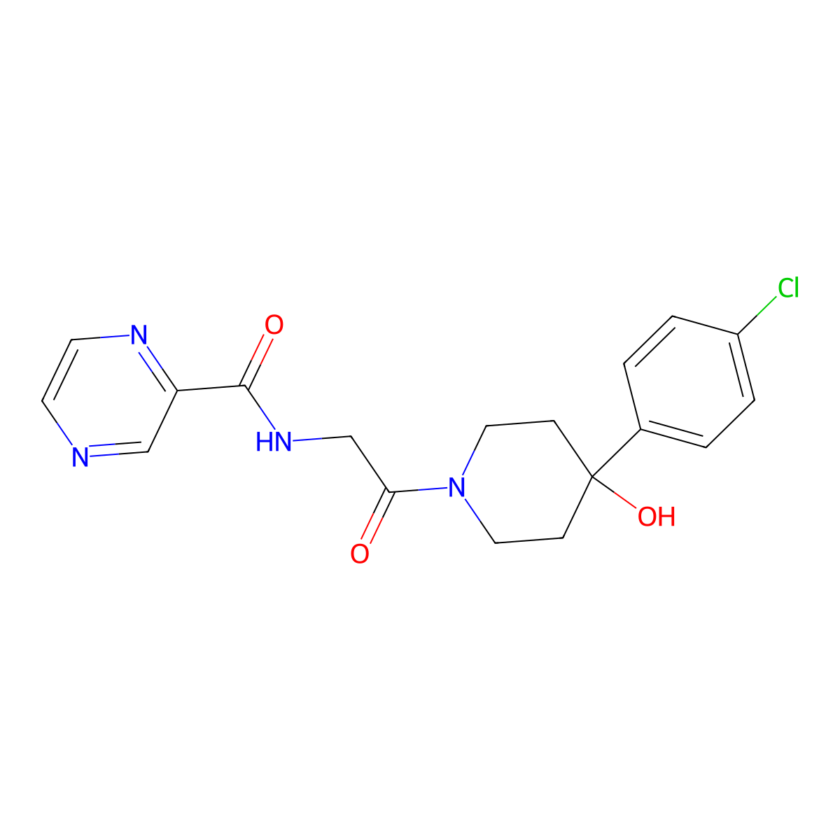 N-{2-[4-(4-chlorophenyl)-4-hydroxypiperidino]-2-oxoethyl}-2-pyrazinecarboxamide molecular structure, CAS 1374513-61-7