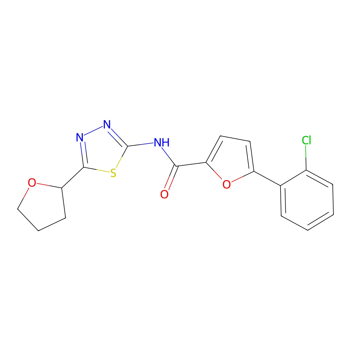 5-(2-chlorophenyl)-N-[5-(tetrahydrofuran-2-yl)-1,3,4-thiadiazol-2-yl]furan-2-carboxamide molecular structure, CAS 1374514-42-7