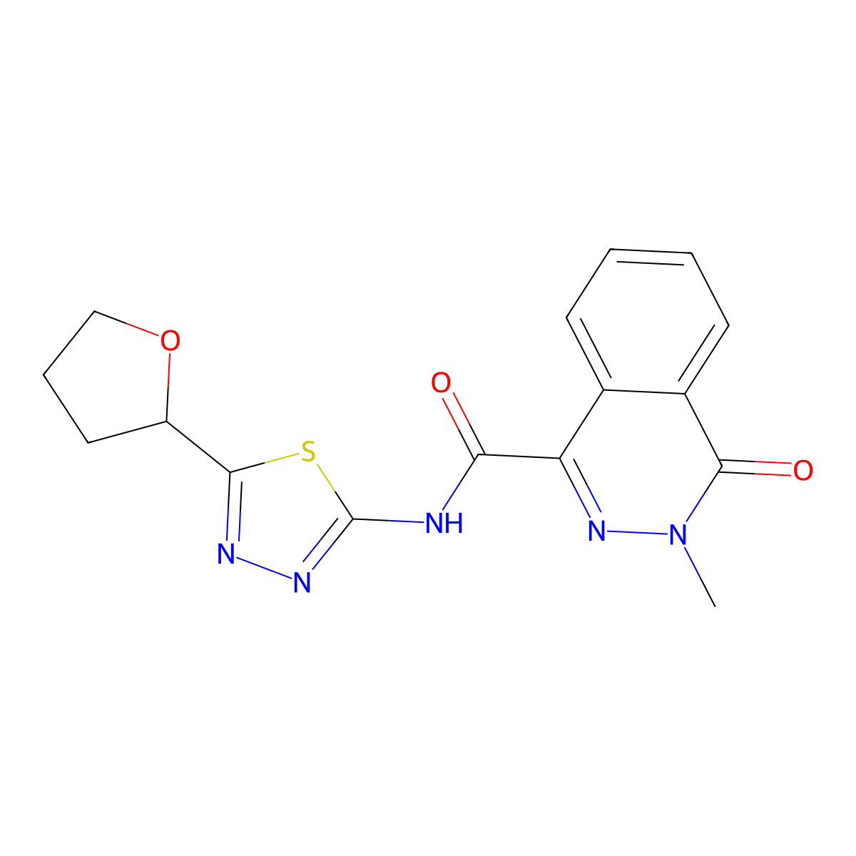 3-methyl-4-oxo-N-(5-(tetrahydrofuran-2-yl)-1,3,4-thiadiazol-2-yl)-3,4-dihydrophthalazine-1-carboxamide molecular structure, CAS 1374515-06-6