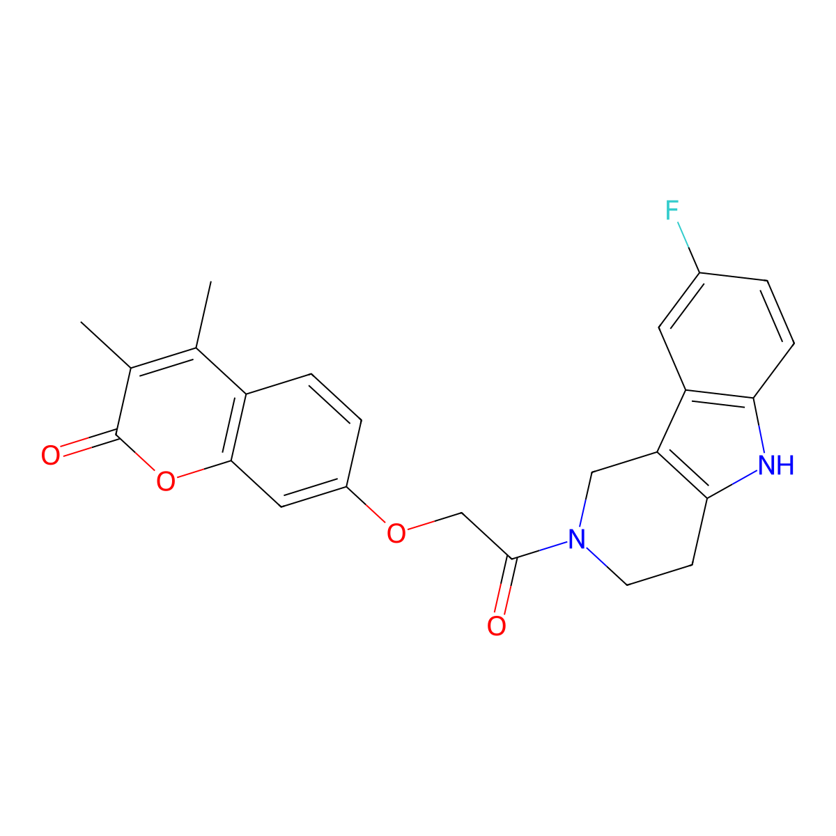7-[2-(8-fluoro-1,3,4,5-tetrahydro-2H-pyrido[4,3-b]indol-2-yl)-2-oxoethoxy]-3,4-dimethyl-2H-chromen-2-one molecular structure, CAS 1374516-12-7