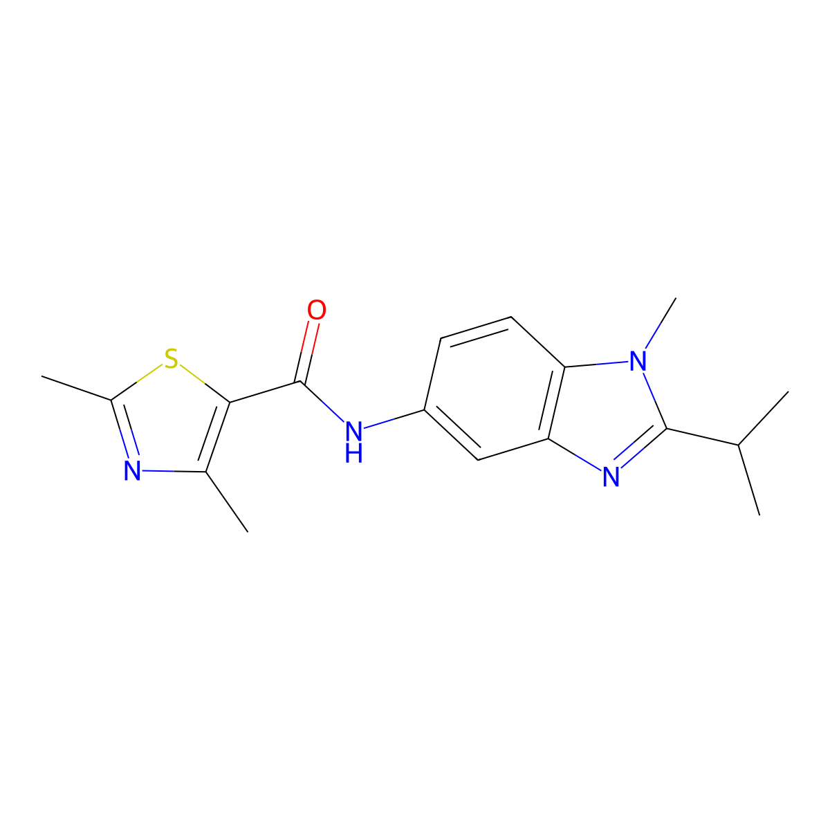 2,4-dimethyl-N-[1-methyl-2-(propan-2-yl)-1H-benzimidazol-5-yl]-1,3-thiazole-5-carboxamide molecular structure, CAS 1374516-43-4