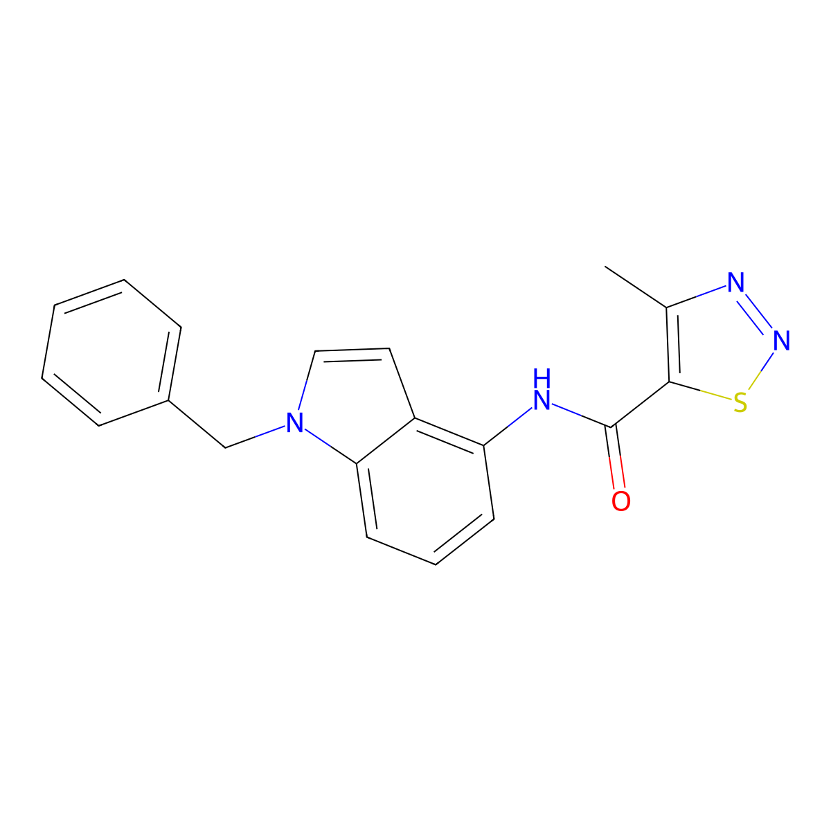N-(1-benzyl-1H-indol-4-yl)-4-methyl-1,2,3-thiadiazole-5-carboxamide molecular structure, CAS 1374516-45-6