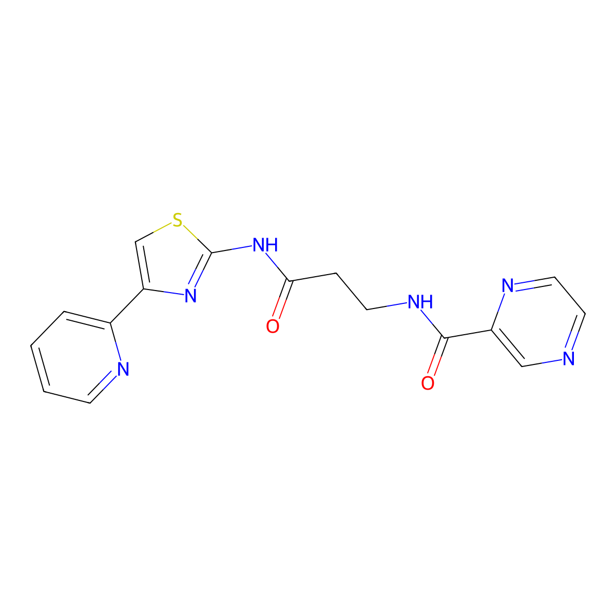 N-(3-oxo-3-((4-(pyridin-2-yl)thiazol-2-yl)amino)propyl)pyrazine-2-carboxamide molecular structure, CAS 1374516-52-5