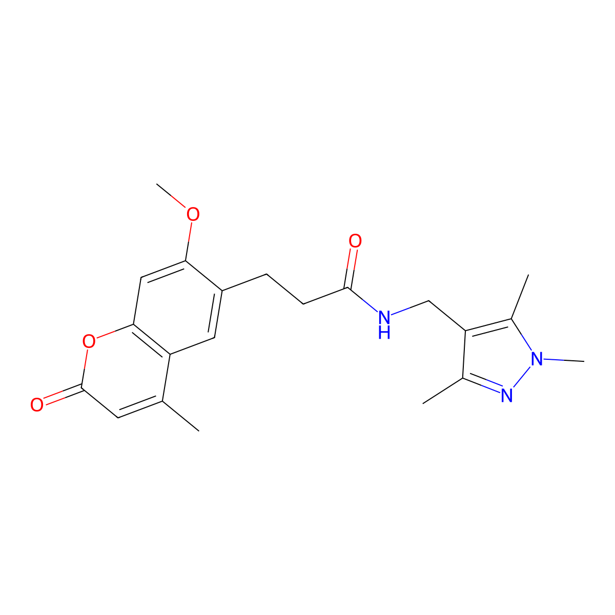 3-(7-methoxy-4-methyl-2-oxo-2H-chromen-6-yl)-N-[(1,3,5-trimethyl-1H-pyrazol-4-yl)methyl]propanamide molecular structure, CAS 1374516-71-8