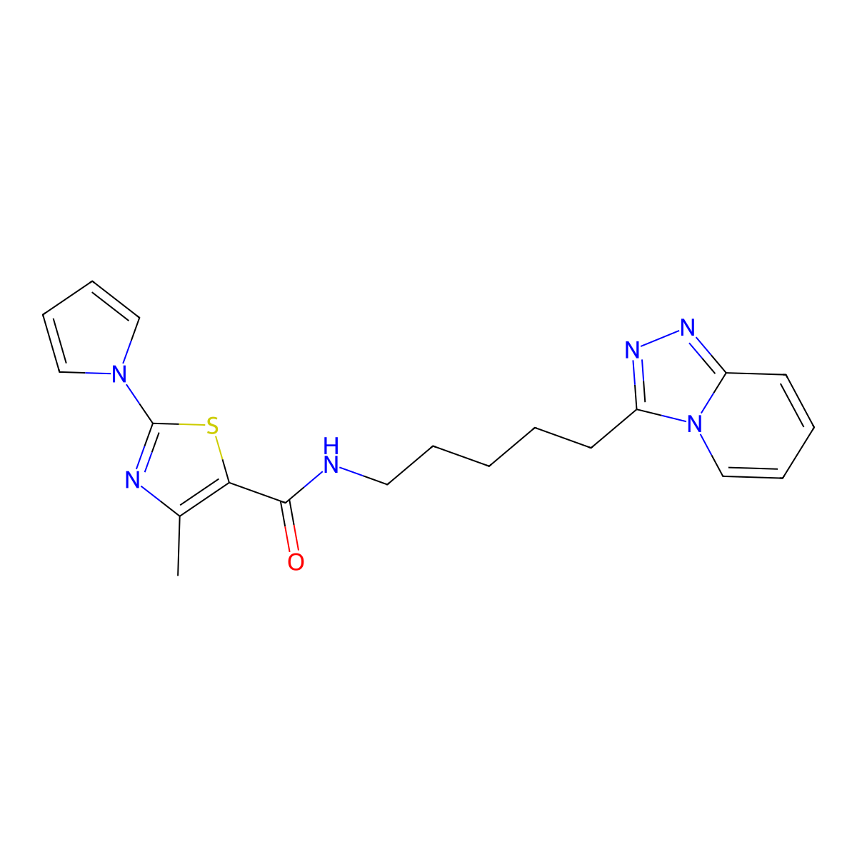 4-methyl-2-(1H-pyrrol-1-yl)-N-[5-([1,2,4]triazolo[4,3-a]pyridin-3-yl)pentyl]-1,3-thiazole-5-carboxamide molecular structure, CAS 1374516-77-4