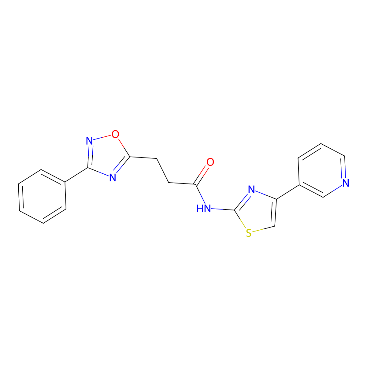 3-(3-phenyl-1,2,4-oxadiazol-5-yl)-N-[4-(pyridin-3-yl)-1,3-thiazol-2-yl]propanamide molecular structure, CAS 1374516-80-9