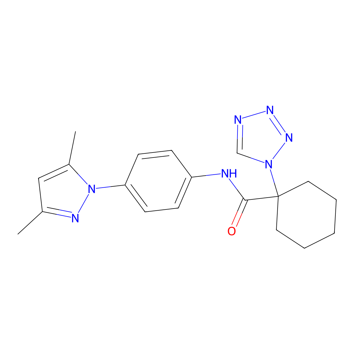 N-[4-(3,5-dimethyl-1H-pyrazol-1-yl)phenyl]-1-(1H-tetrazol-1-yl)cyclohexanecarboxamide molecular structure, CAS 1374518-73-6