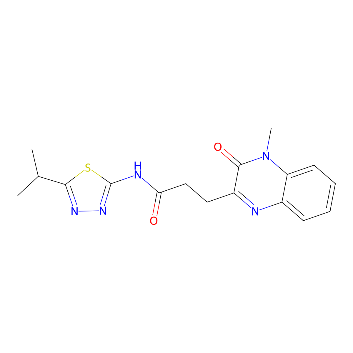 N-(5-isopropyl-1,3,4-thiadiazol-2-yl)-3-(4-methyl-3-oxo-3,4-dihydroquinoxalin-2-yl)propanamide molecular structure, CAS 1374518-96-3