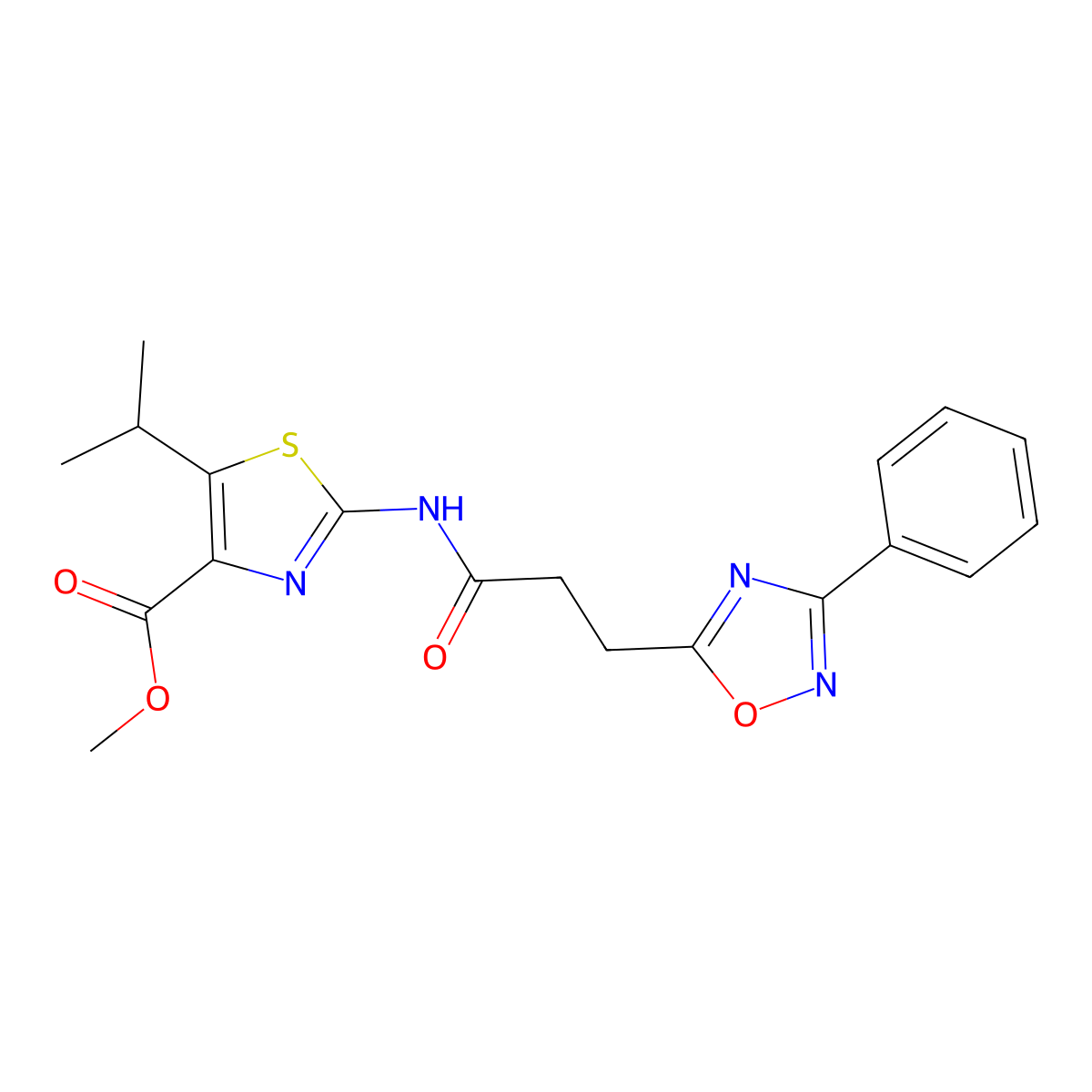 Methyl 2-{[3-(3-phenyl-1,2,4-oxadiazol-5-yl)propanoyl]amino}-5-(propan-2-yl)-1,3-thiazole-4-carboxylate molecular structure, CAS 1374519-62-6