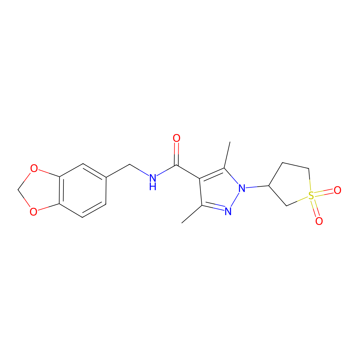 N-(1,3-benzodioxol-5-ylmethyl)-1-(1,1-dioxidotetrahydrothiophen-3-yl)-3,5-dimethyl-1H-pyrazole-4-carboxamide molecular structure, CAS 1374520-20-3