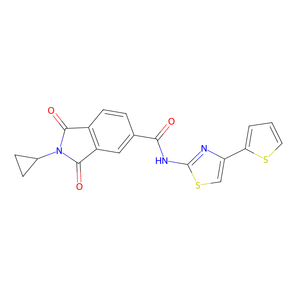2-cyclopropyl-1,3-dioxo-N-(4-(thiophen-2-yl)thiazol-2-yl)isoindoline-5-carboxamide molecular structure, CAS 1374520-33-8