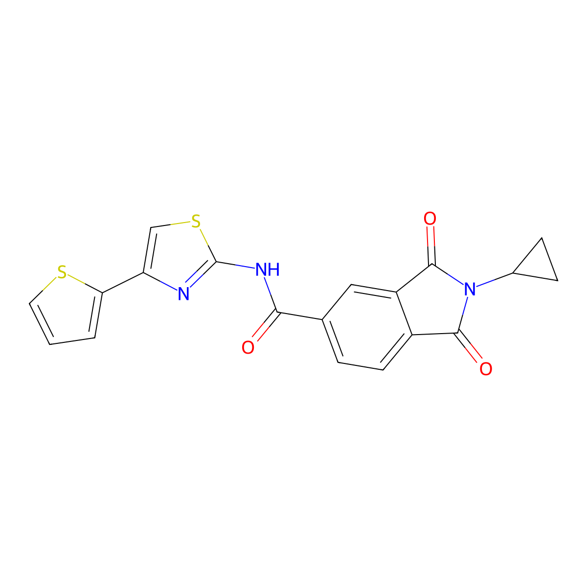 2-cyclopropyl-1,3-dioxo-N-(4-(thiophen-2-yl)thiazol-2-yl)isoindoline-5-carboxamide molecular structure, CAS 1374520-33-8