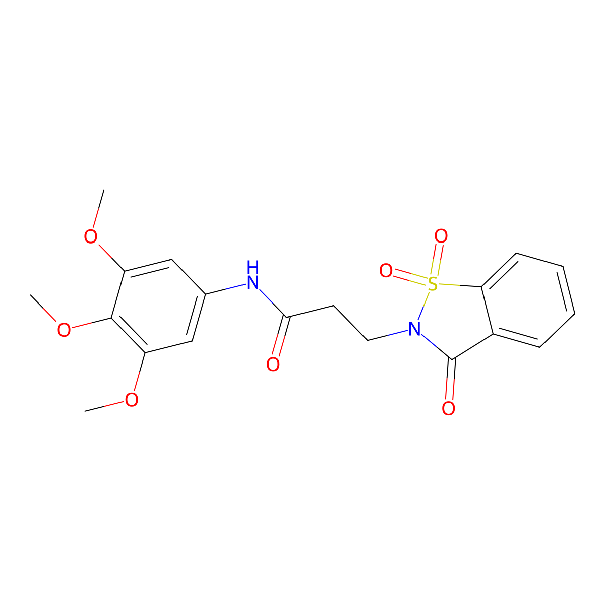 3-(1,1-dioxido-3-oxo-1,2-benzothiazol-2(3H)-yl)-N-(3,4,5-trimethoxyphenyl)propanamide molecular structure, CAS 1374521-57-9