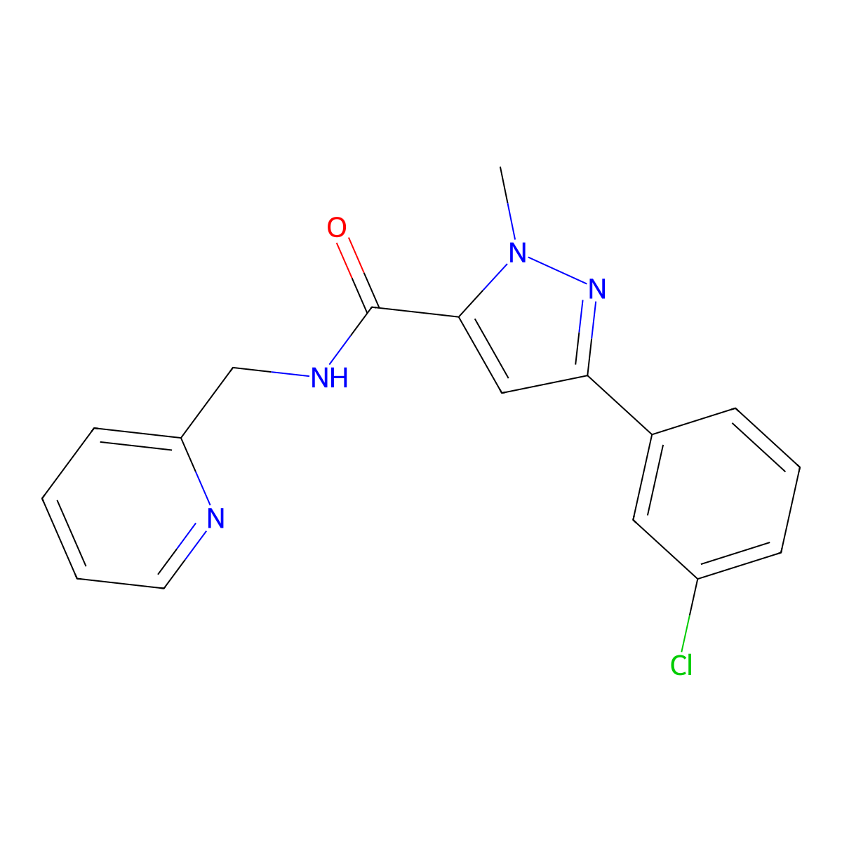3-(3-chlorophenyl)-1-methyl-N-(pyridin-2-ylmethyl)-1H-pyrazole-5-carboxamide molecular structure, CAS 1374522-07-2