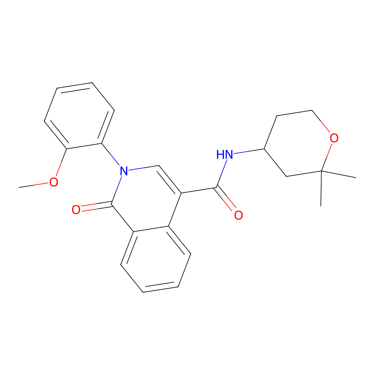 N-(2,2-dimethyltetrahydro-2H-pyran-4-yl)-2-(2-methoxyphenyl)-1-oxo-1,2-dihydroisoquinoline-4-carboxamide molecular structure, CAS 1374522-52-7