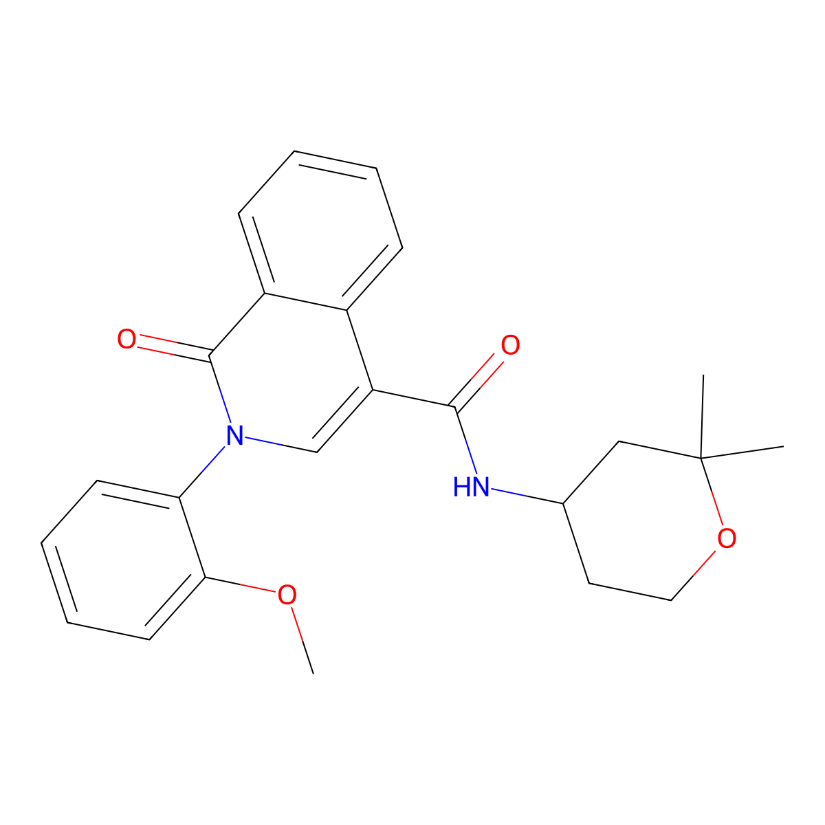 N-(2,2-dimethyltetrahydro-2H-pyran-4-yl)-2-(2-methoxyphenyl)-1-oxo-1,2-dihydroisoquinoline-4-carboxamide molecular structure, CAS 1374522-52-7