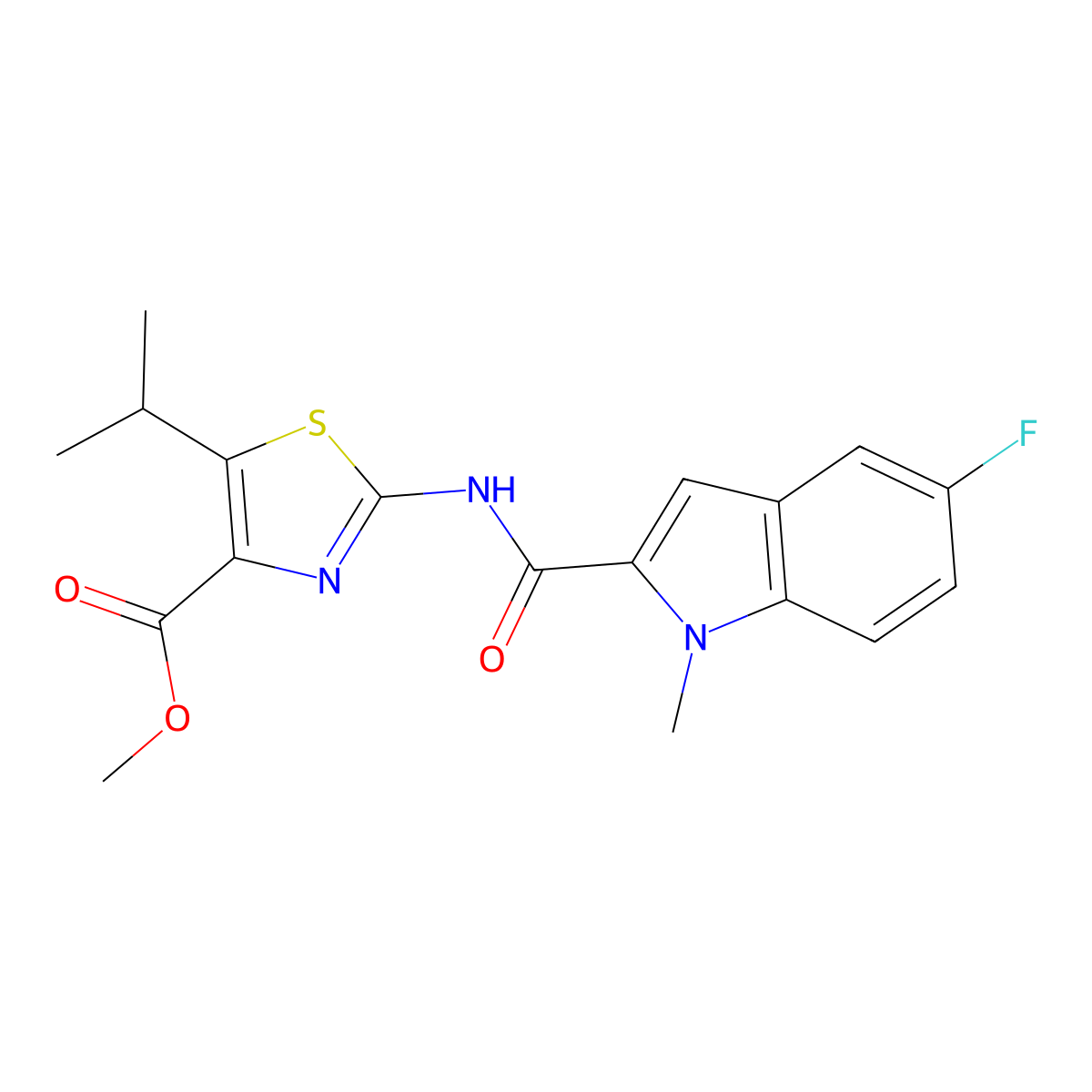methyl 2-{[(5-fluoro-1-methyl-1H-indol-2-yl)carbonyl]amino}-5-(propan-2-yl)-1,3-thiazole-4-carboxylate molecular structure, CAS 1374523-70-2