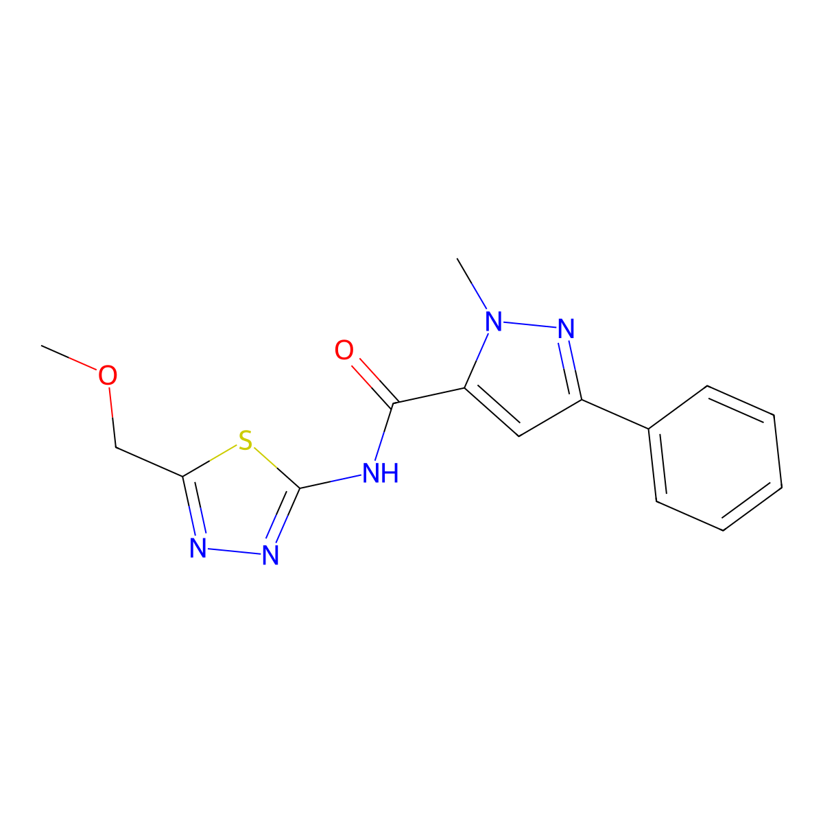 N-(5-(methoxymethyl)-1,3,4-thiadiazol-2-yl)-1-methyl-3-phenyl-1H-pyrazole-5-carboxamide molecular structure, CAS 1374524-43-2