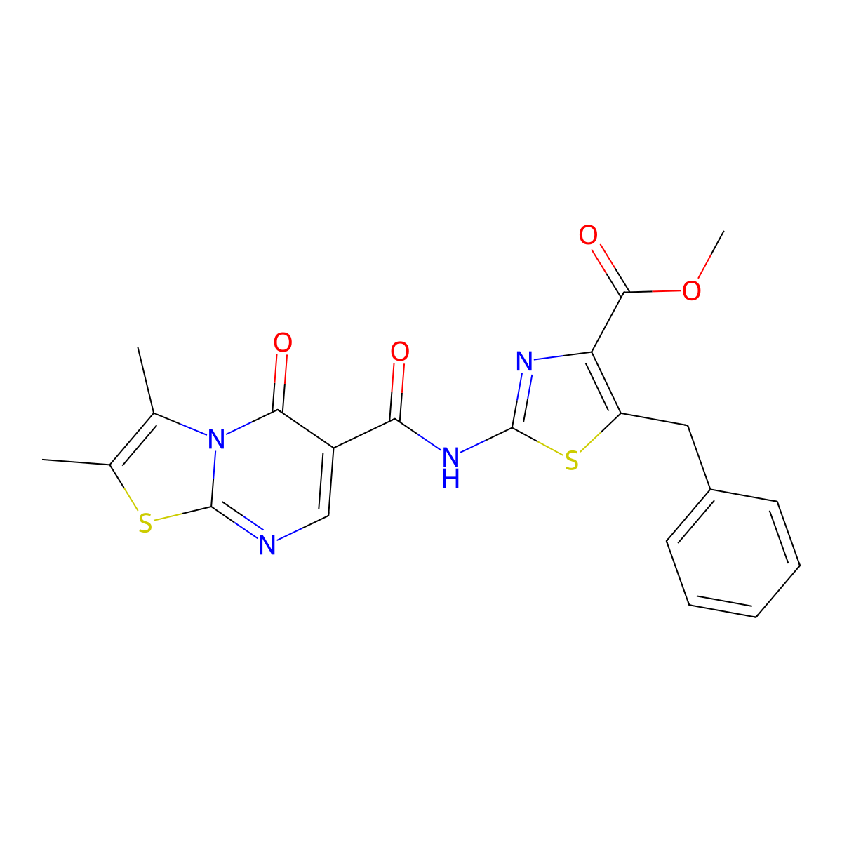 methyl 5-benzyl-2-{[(2,3-dimethyl-5-oxo-5H-[1,3]thiazolo[3,2-a]pyrimidin-6-yl)carbonyl]amino}-1,3-thiazole-4-carboxylate molecular structure, CAS 1374524-71-6
