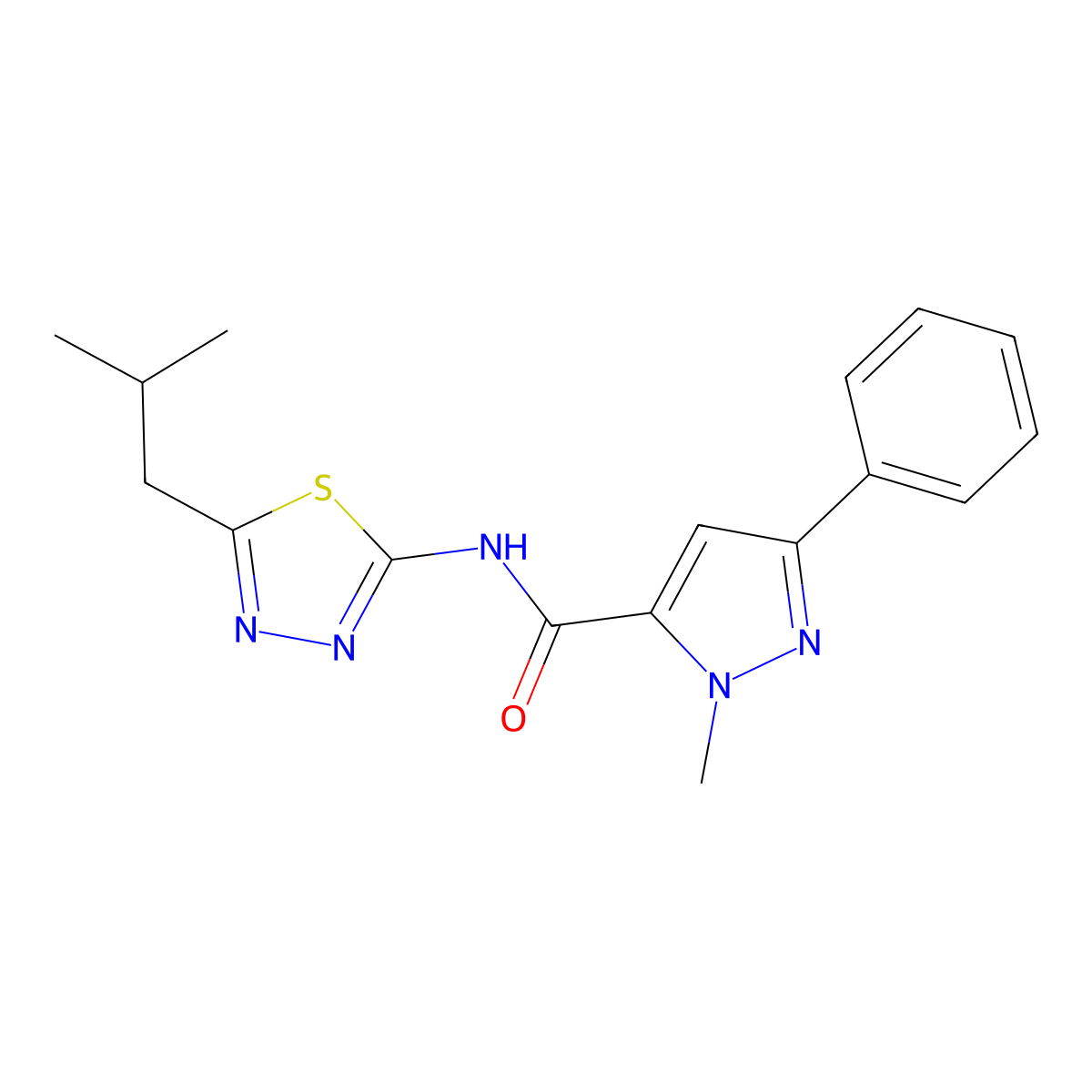 N-(5-isobutyl-1,3,4-thiadiazol-2-yl)-1-methyl-3-phenyl-1H-pyrazole-5-carboxamide molecular structure, CAS 1374524-92-1