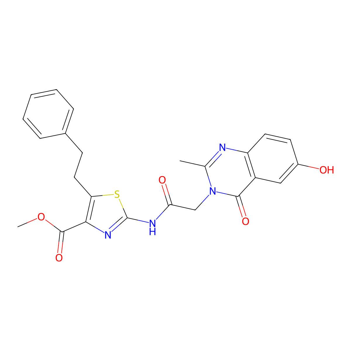 methyl 2-{[(6-hydroxy-2-methyl-4-oxoquinazolin-3(4H)-yl)acetyl]amino}-5-(2-phenylethyl)-1,3-thiazole-4-carboxylate molecular structure, CAS 1374526-42-7