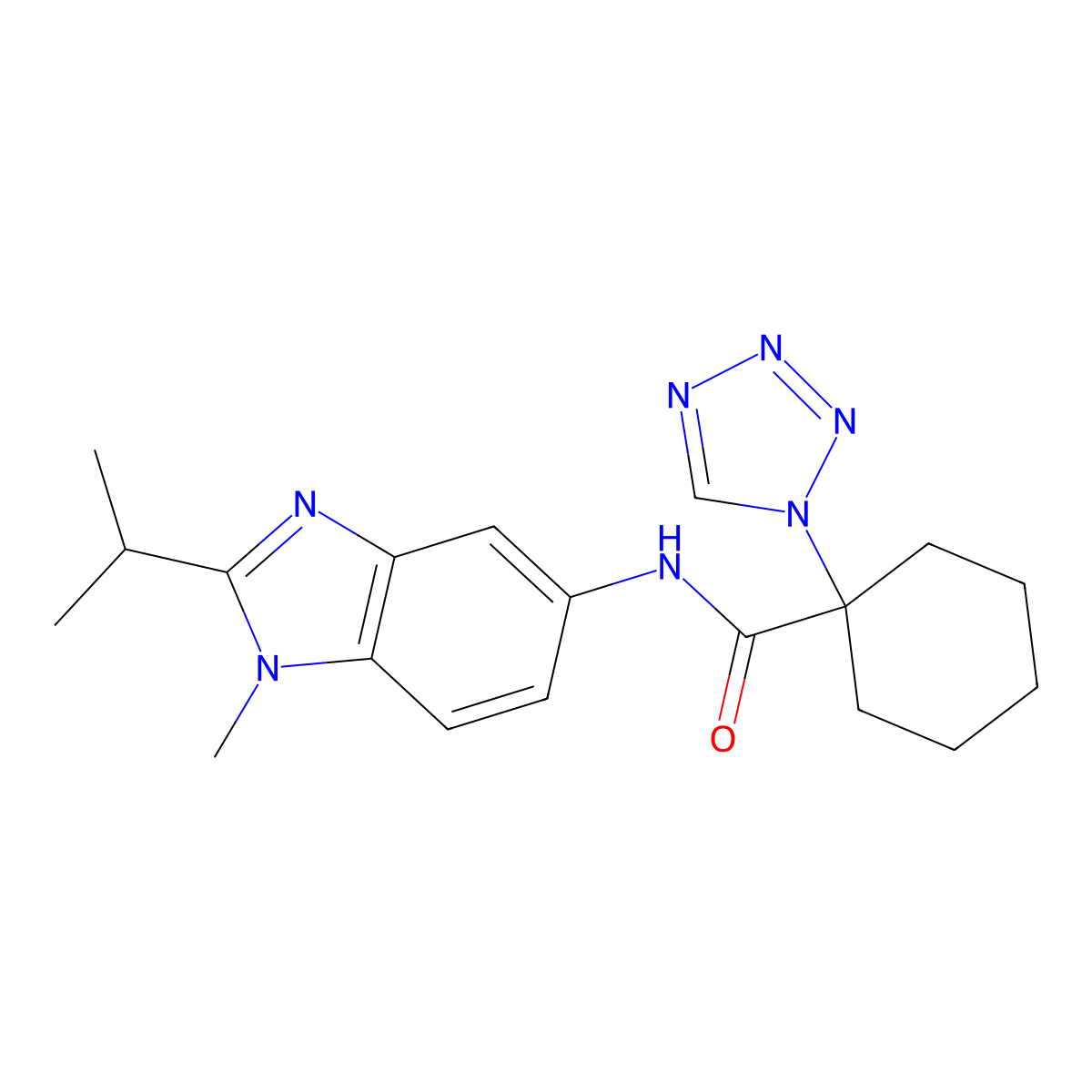 N-[1-methyl-2-(propan-2-yl)-1H-benzimidazol-5-yl]-1-(1H-tetrazol-1-yl)cyclohexanecarboxamide molecular structure, CAS 1374526-62-1