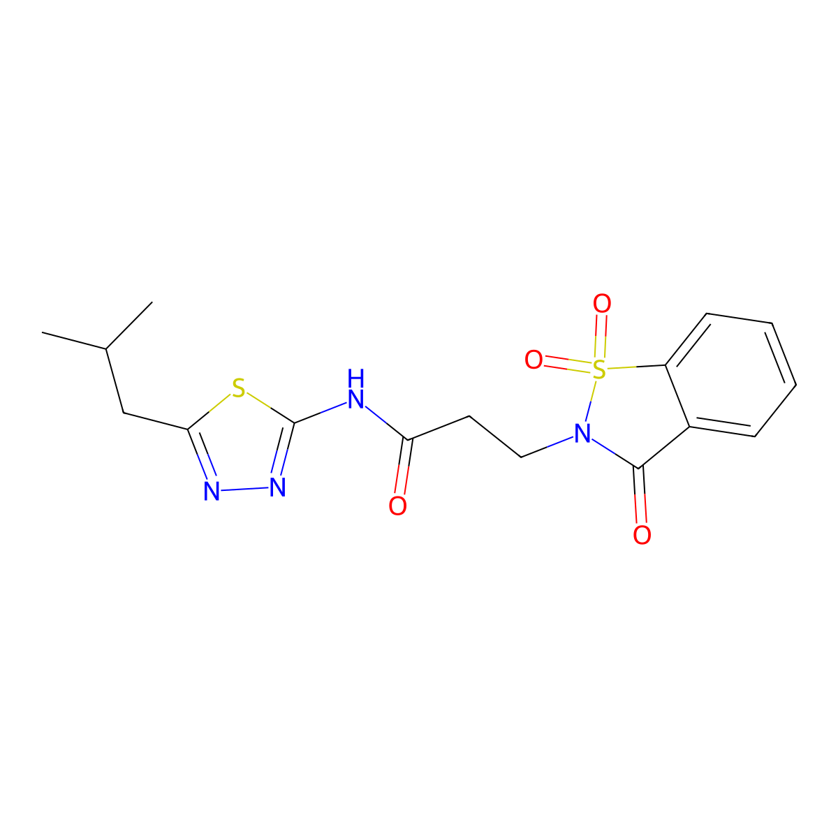 3-(1,1-dioxido-3-oxo-1,2-benzothiazol-2(3H)-yl)-N-[5-(2-methylpropyl)-1,3,4-thiadiazol-2-yl]propanamide molecular structure, CAS 1374526-74-5