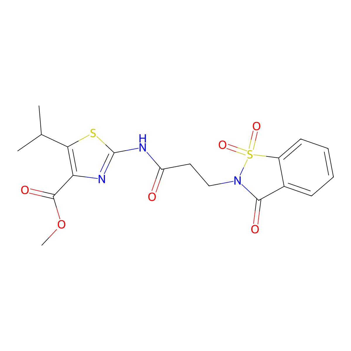 methyl 2-{[3-(1,1-dioxido-3-oxo-1,2-benzothiazol-2(3H)-yl)propanoyl]amino}-5-(propan-2-yl)-1,3-thiazole-4-carboxylate molecular structure, CAS 1374526-92-7