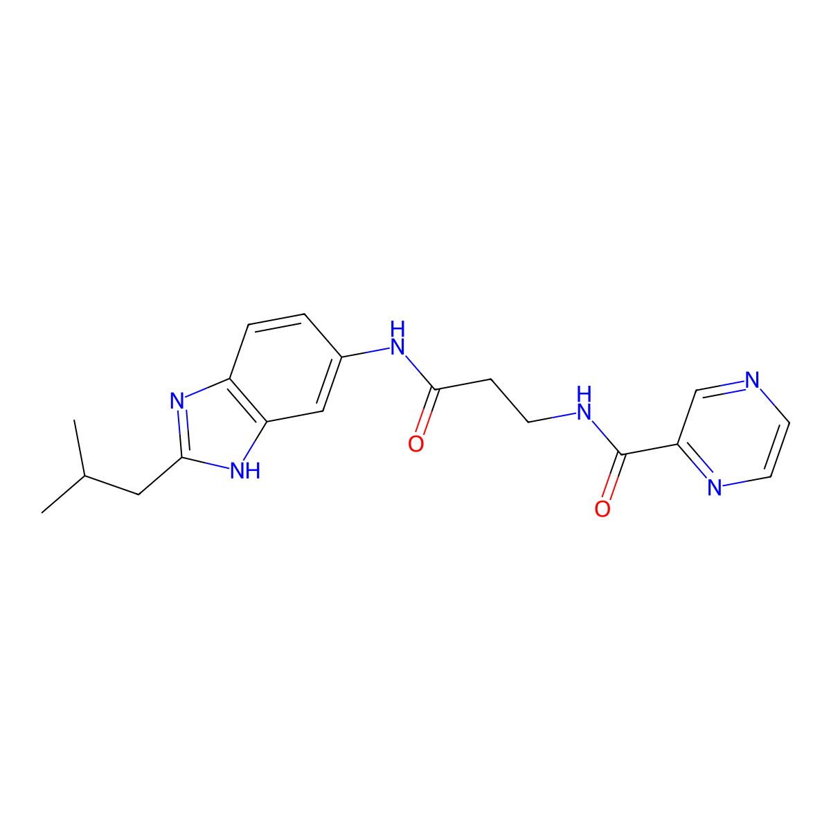 N-(3-{[2-(2-methylpropyl)-1H-benzimidazol-6-yl]amino}-3-oxopropyl)pyrazine-2-carboxamide molecular structure, CAS 1374527-10-2