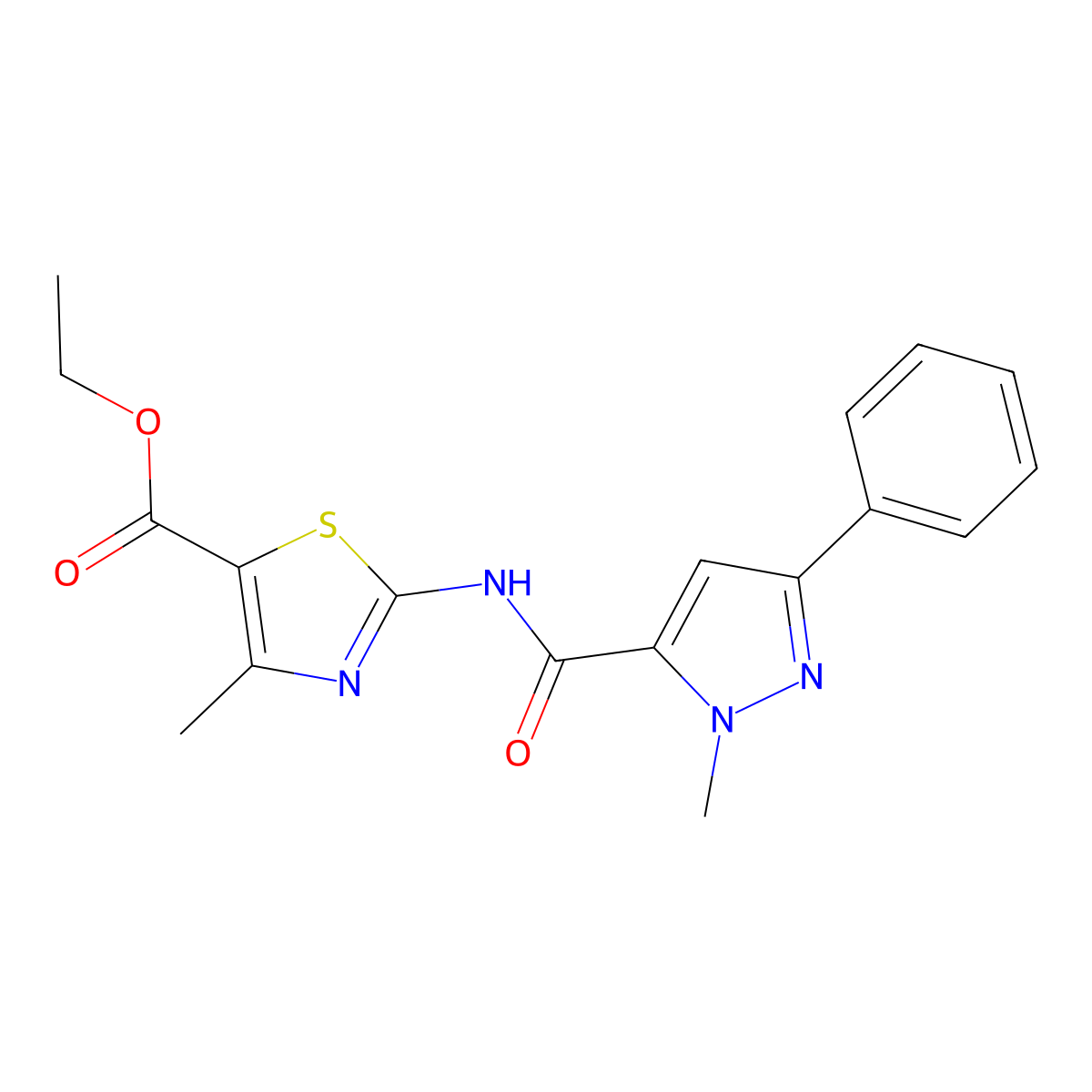 ethyl 4-methyl-2-{[(1-methyl-3-phenyl-1H-pyrazol-5-yl)carbonyl]amino}-1,3-thiazole-5-carboxylate molecular structure, CAS 1374527-15-7