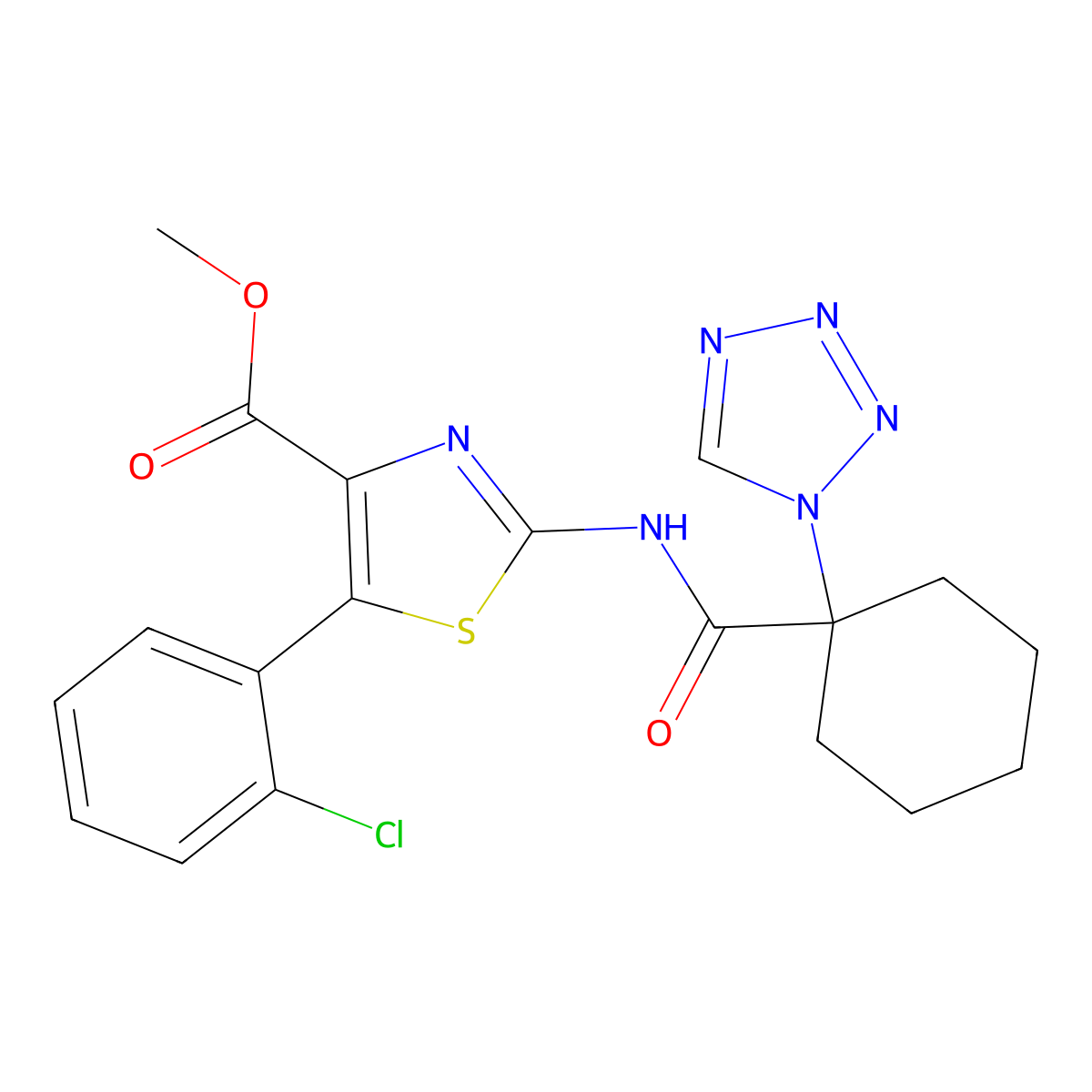 methyl 5-(2-chlorophenyl)-2-({[1-(1H-tetrazol-1-yl)cyclohexyl]carbonyl}amino)-1,3-thiazole-4-carboxylate molecular structure, CAS 1374527-25-9