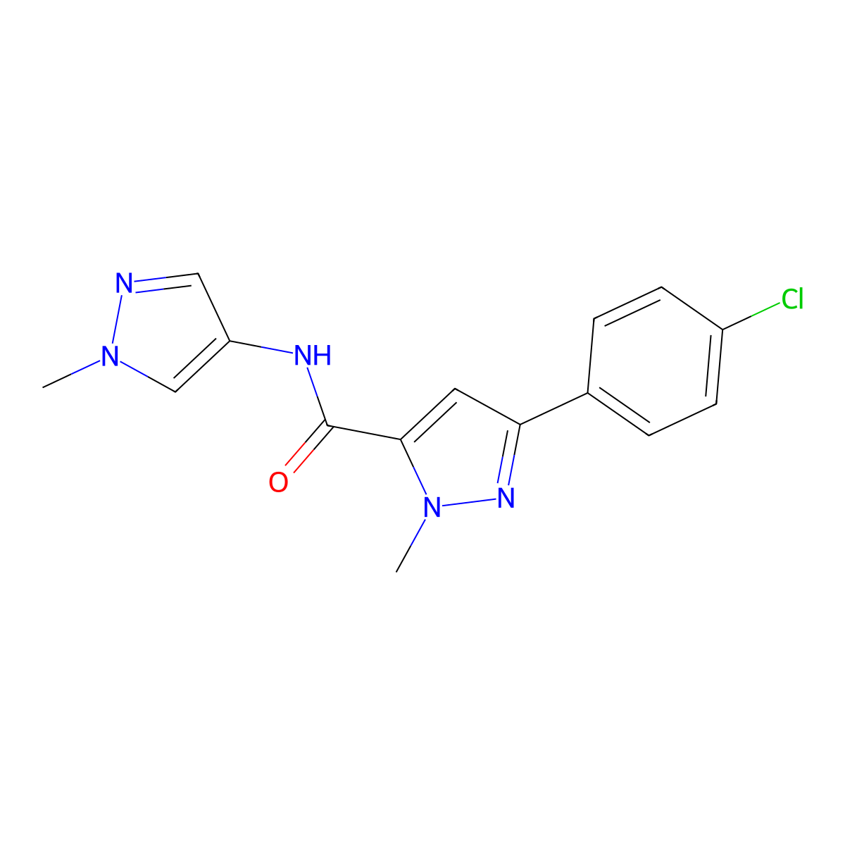 3-(4-chlorophenyl)-1-methyl-N-(1-methyl-1H-pyrazol-4-yl)-1H-pyrazole-5-carboxamide molecular structure, CAS 1374527-39-5
