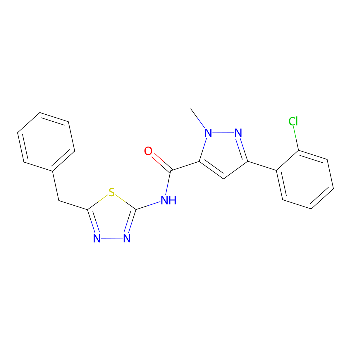 N-(5-benzyl-1,3,4-thiadiazol-2-yl)-3-(2-chlorophenyl)-1-methyl-1H-pyrazole-5-carboxamide molecular structure, CAS 1374527-43-1