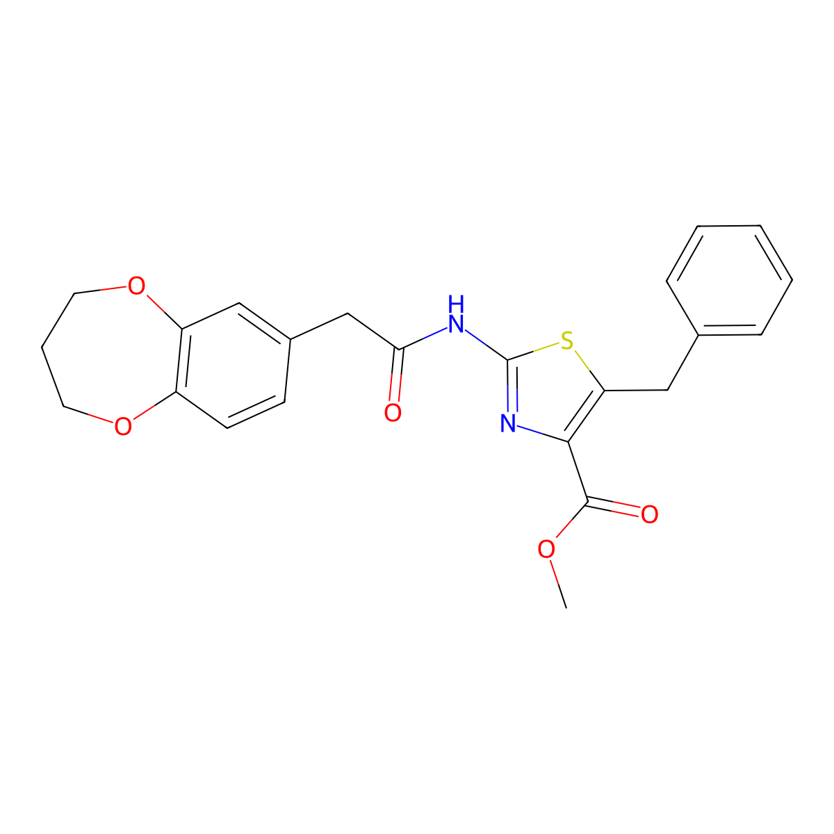 methyl 5-benzyl-2-[(3,4-dihydro-2H-1,5-benzodioxepin-7-ylacetyl)amino]-1,3-thiazole-4-carboxylate molecular structure, CAS 1374527-46-4