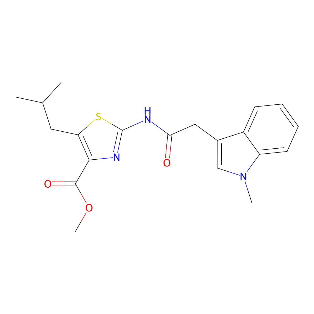 methyl 2-{[(1-methyl-1H-indol-3-yl)acetyl]amino}-5-(2-methylpropyl)-1,3-thiazole-4-carboxylate molecular structure, CAS 1374527-76-0