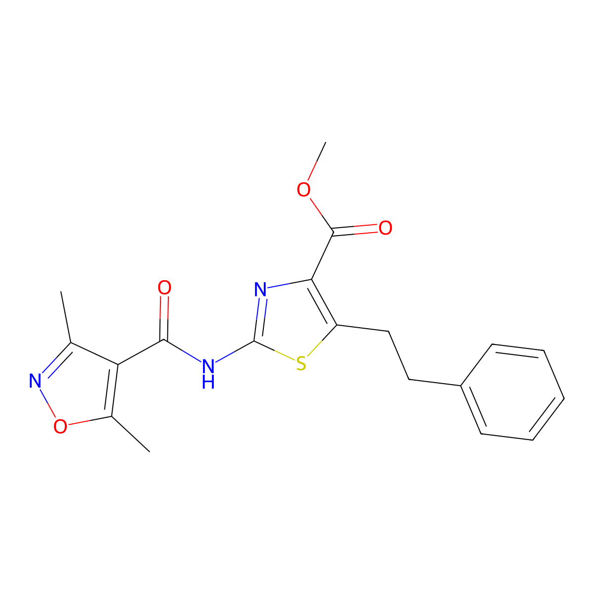 Methyl 2-{[(3,5-dimethyl-1,2-oxazol-4-yl)carbonyl]amino}-5-(2-phenylethyl)-1,3-thiazole-4-carboxylate molecular structure, CAS 1374527-79-3