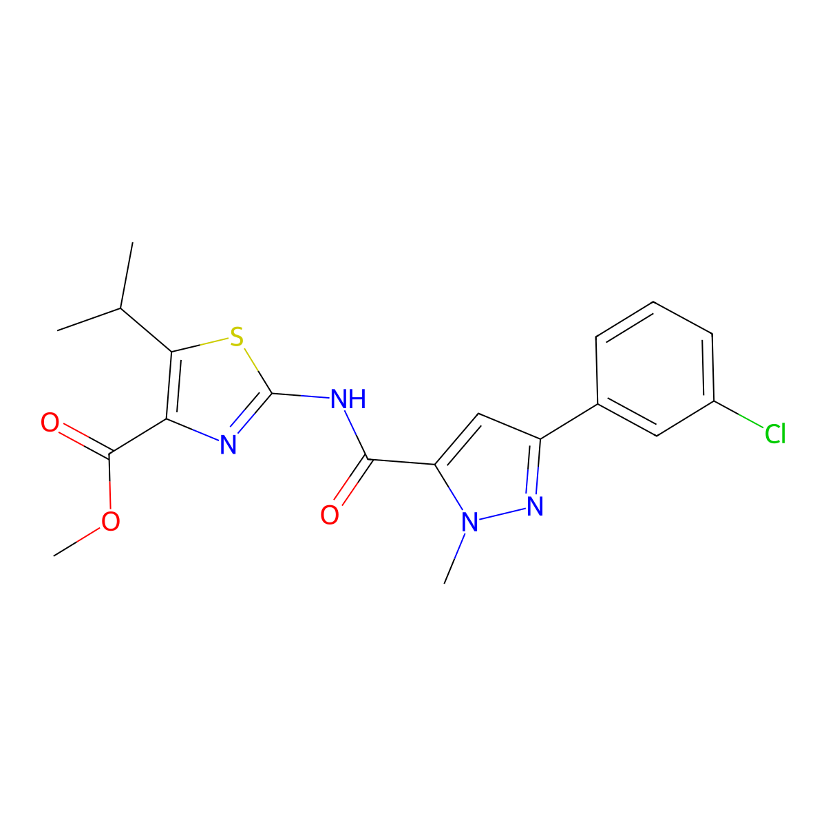 methyl 2-({[3-(3-chlorophenyl)-1-methyl-1H-pyrazol-5-yl]carbonyl}amino)-5-(propan-2-yl)-1,3-thiazole-4-carboxylate molecular structure, CAS 1374527-98-6