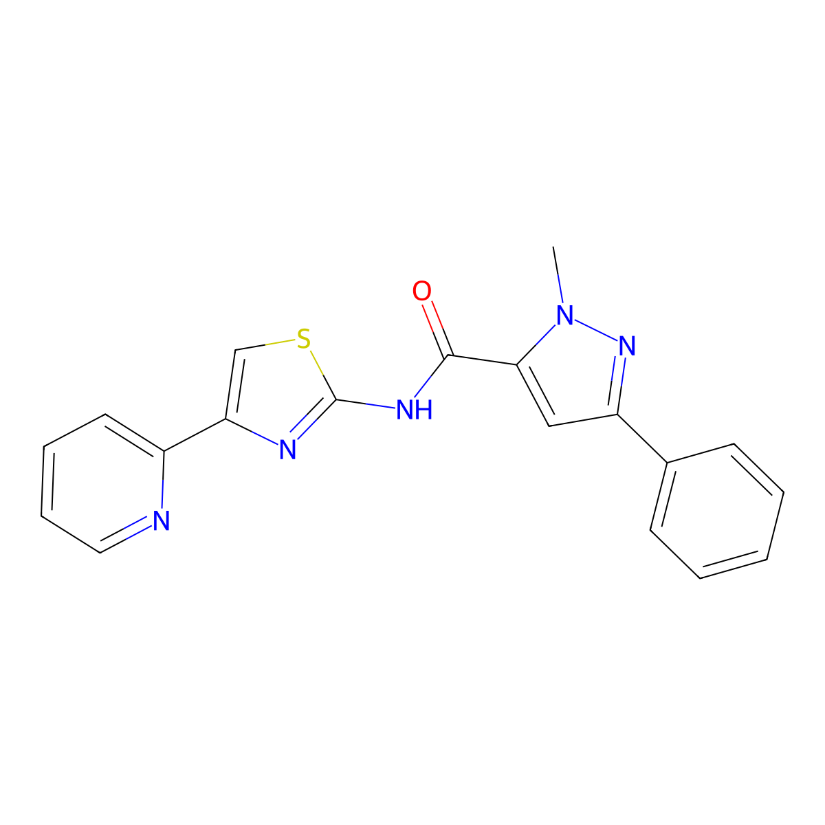 1-methyl-3-phenyl-N-[4-(pyridin-2-yl)-1,3-thiazol-2-yl]-1H-pyrazole-5-carboxamide molecular structure, CAS 1374528-19-4