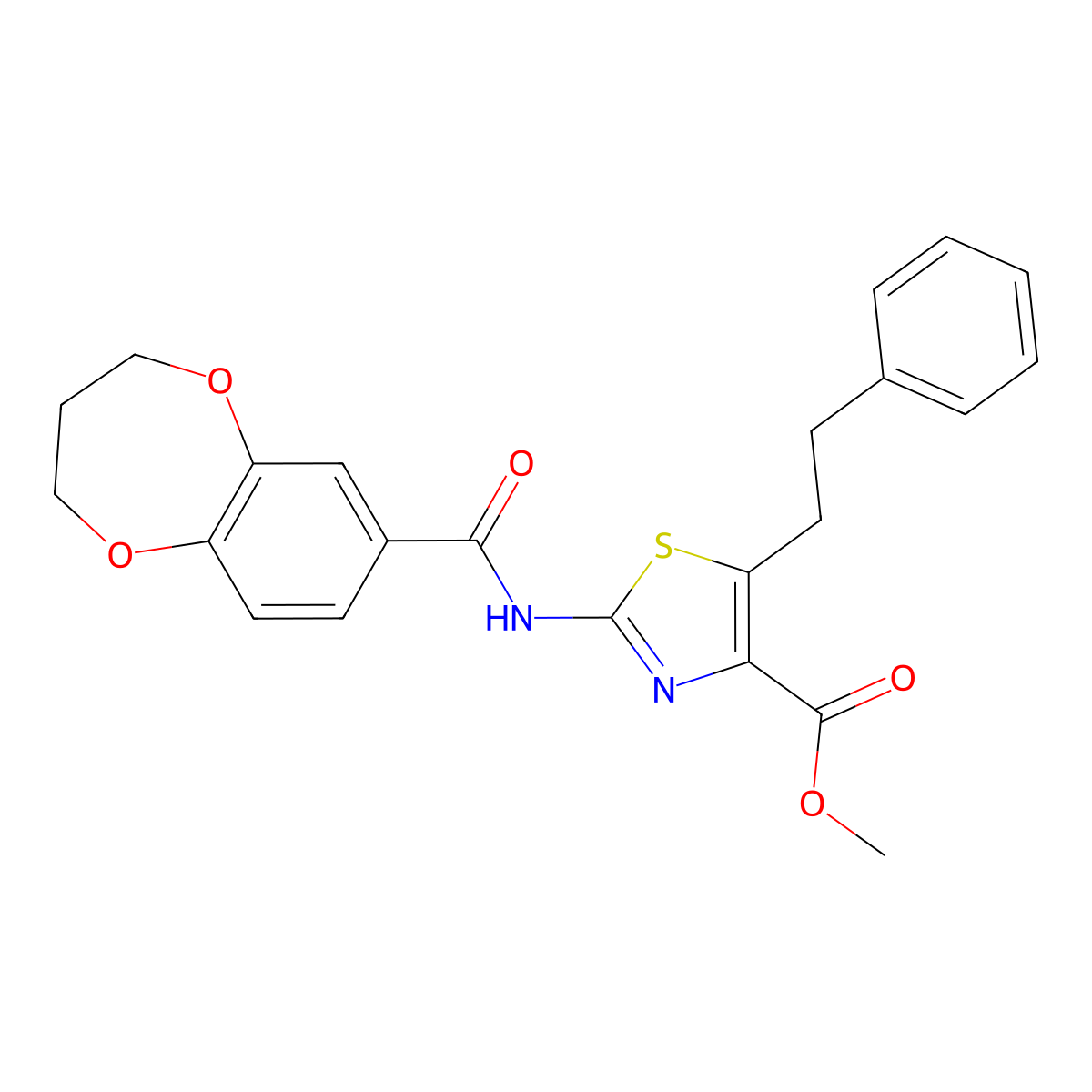 methyl 2-[(3,4-dihydro-2H-1,5-benzodioxepin-7-ylcarbonyl)amino]-5-(2-phenylethyl)-1,3-thiazole-4-carboxylate molecular structure, CAS 1374528-45-6