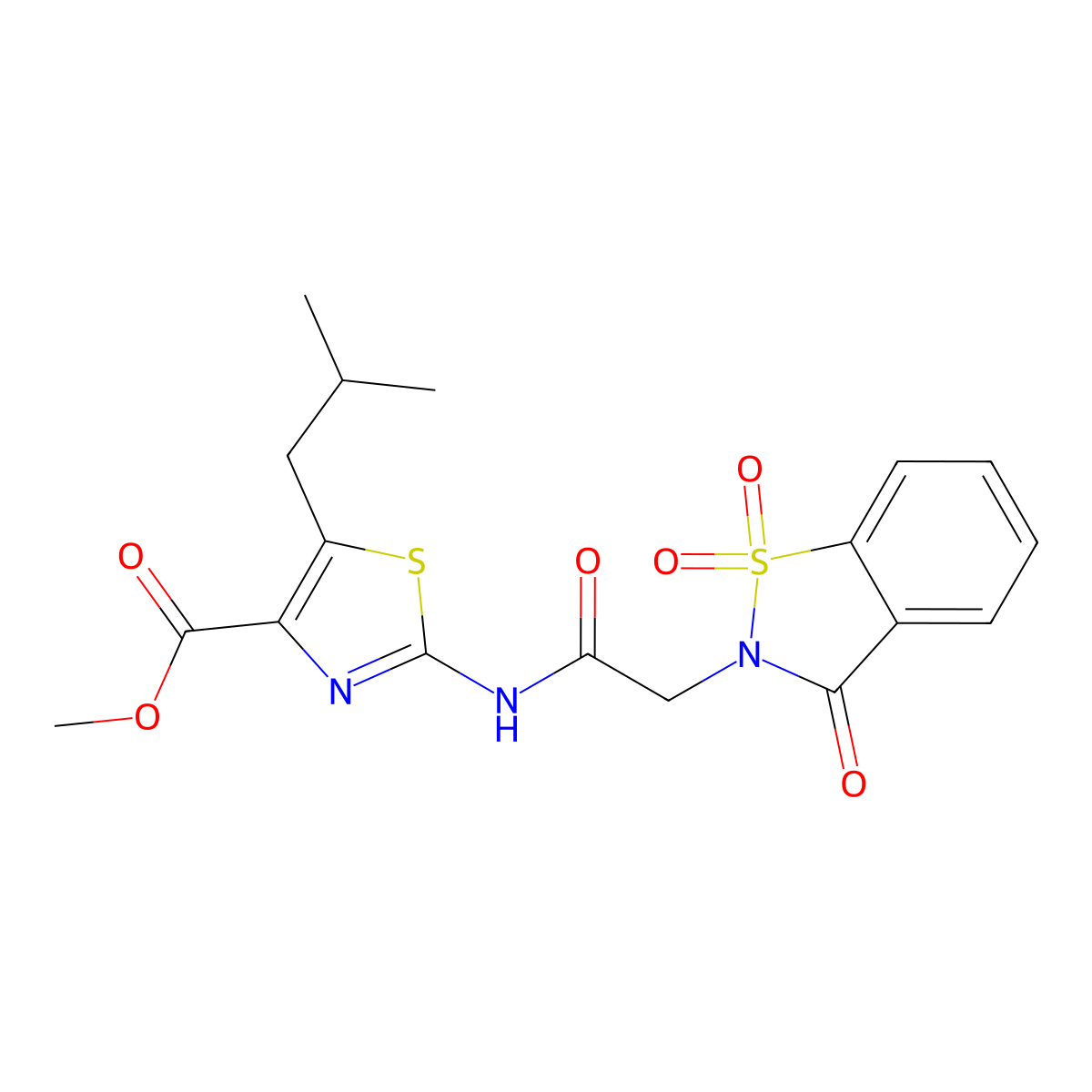 methyl 2-{[(1,1-dioxido-3-oxo-1,2-benzothiazol-2(3H)-yl)acetyl]amino}-5-(2-methylpropyl)-1,3-thiazole-4-carboxylate molecular structure, CAS 1374528-56-9