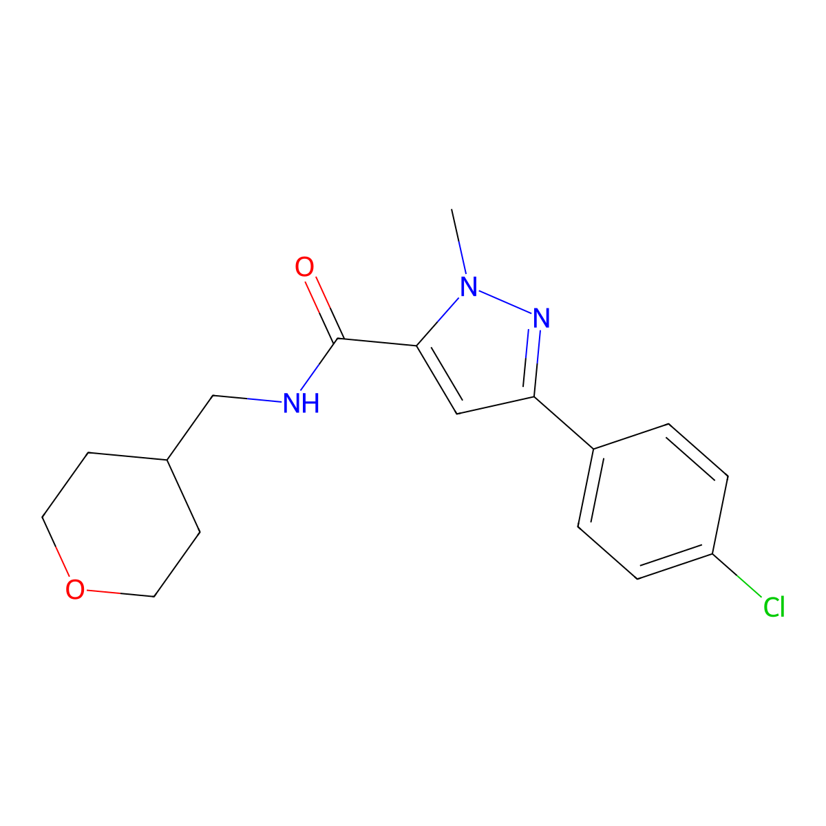 3-(4-chlorophenyl)-1-methyl-N-(tetrahydro-2H-pyran-4-ylmethyl)-1H-pyrazole-5-carboxamide molecular structure, CAS 1374529-55-1