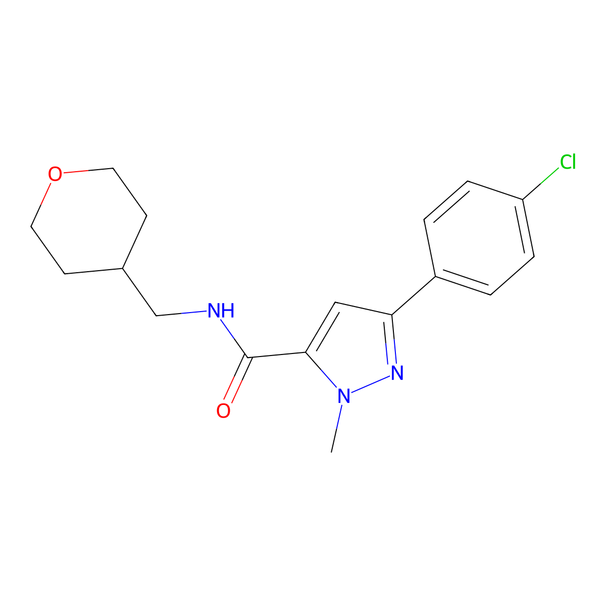 3-(4-chlorophenyl)-1-methyl-N-(tetrahydro-2H-pyran-4-ylmethyl)-1H-pyrazole-5-carboxamide molecular structure, CAS 1374529-55-1