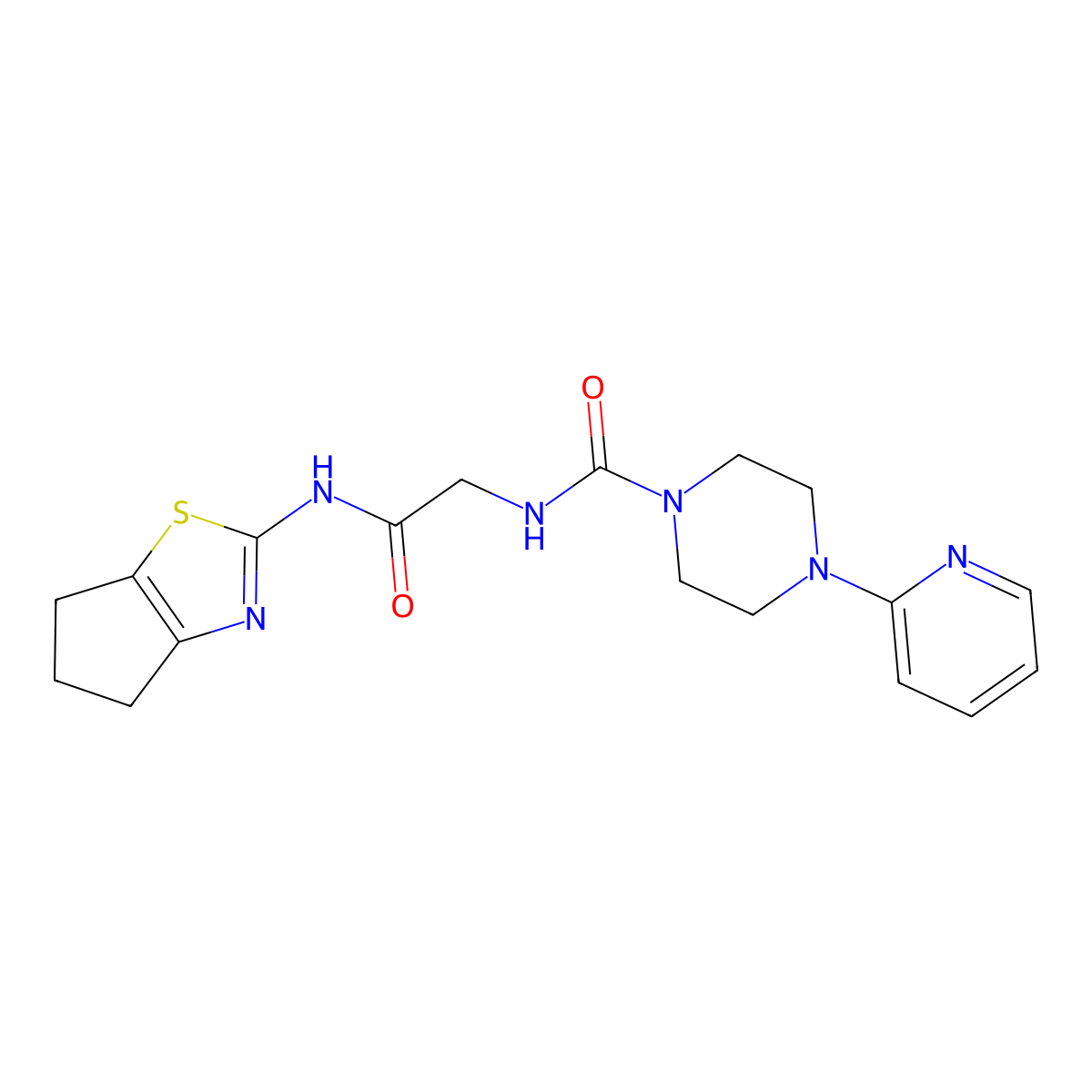 N-[2-(5,6-dihydro-4H-cyclopenta[d][1,3]thiazol-2-ylamino)-2-oxoethyl]-4-(pyridin-2-yl)piperazine-1-carboxamide molecular structure, CAS 1374530-21-8