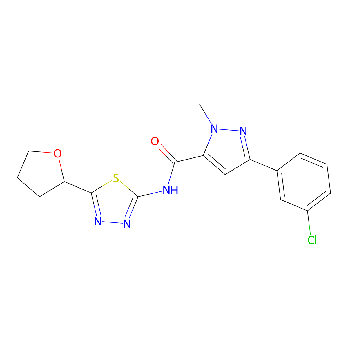3-(3-chlorophenyl)-1-methyl-N-(5-(tetrahydrofuran-2-yl)-1,3,4-thiadiazol-2-yl)-1H-pyrazole-5-carboxamide molecular structure, CAS 1374530-29-6