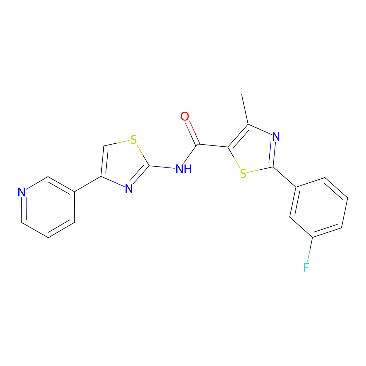 2-(3-fluorophenyl)-4-methyl-N-[4-(pyridin-3-yl)-1,3-thiazol-2-yl]-1,3-thiazole-5-carboxamide molecular structure, CAS 1374530-37-6