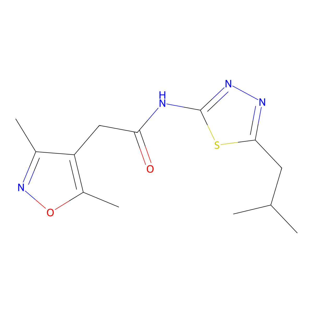 2-(3,5-dimethyl-1,2-oxazol-4-yl)-N-[5-(2-methylpropyl)-1,3,4-thiadiazol-2-yl]acetamide molecular structure, CAS 1374530-63-8