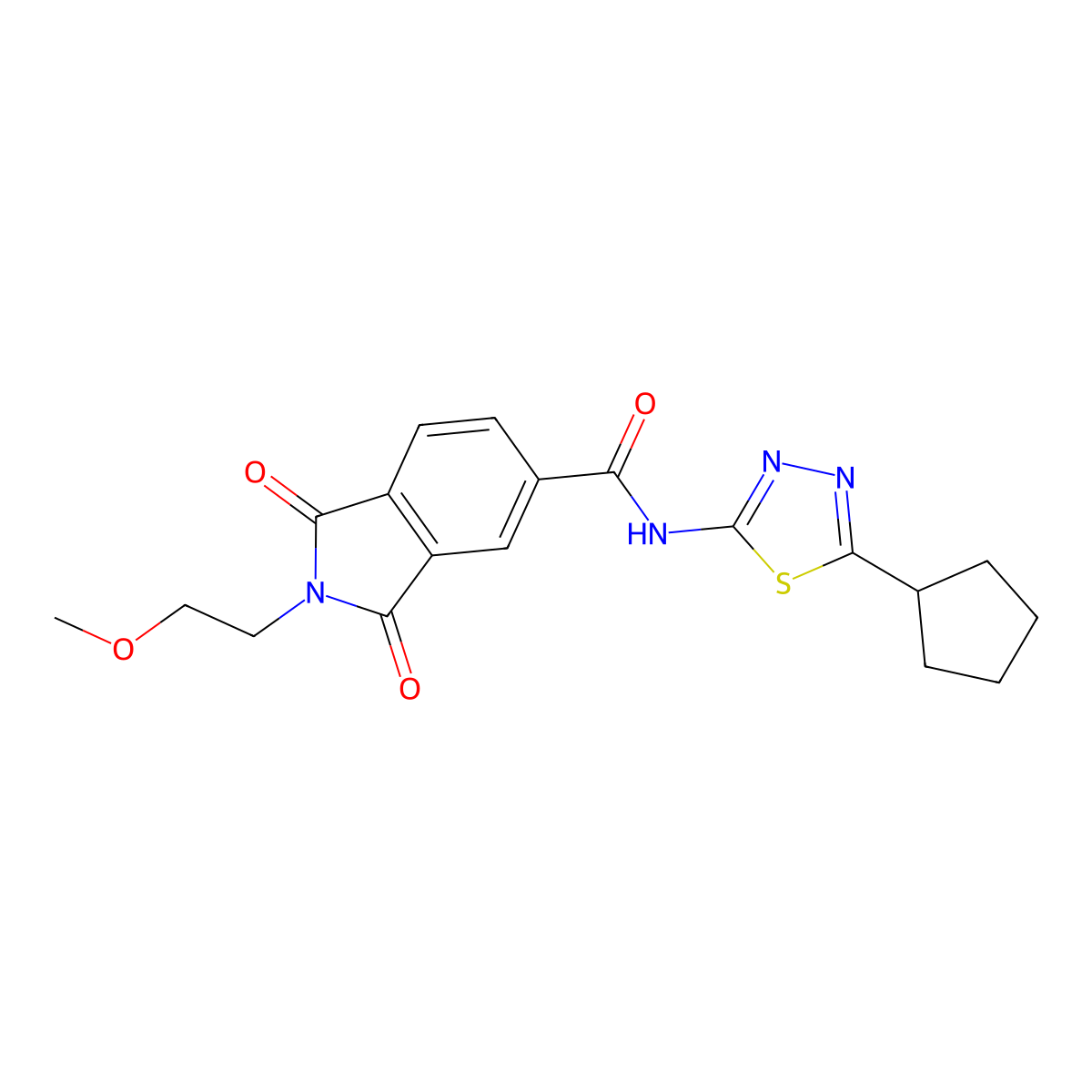 N-(5-cyclopentyl-1,3,4-thiadiazol-2-yl)-2-(2-methoxyethyl)-1,3-dioxoisoindoline-5-carboxamide molecular structure, CAS 1374531-09-5