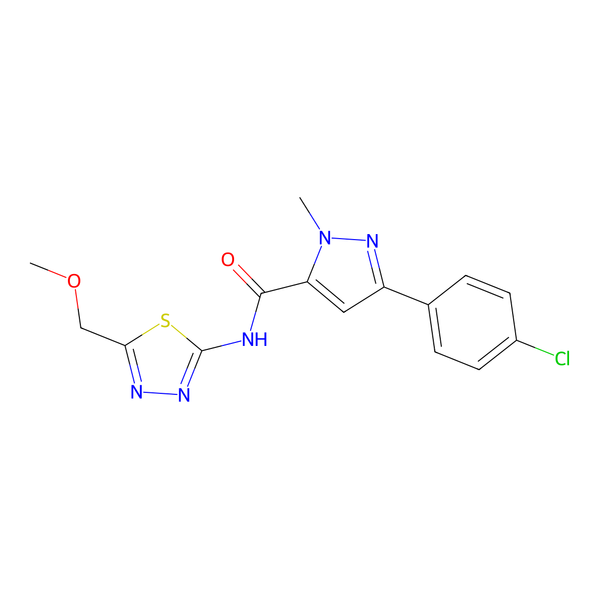 3-(4-chlorophenyl)-N-(5-(methoxymethyl)-1,3,4-thiadiazol-2-yl)-1-methyl-1H-pyrazole-5-carboxamide molecular structure, CAS 1374531-29-9